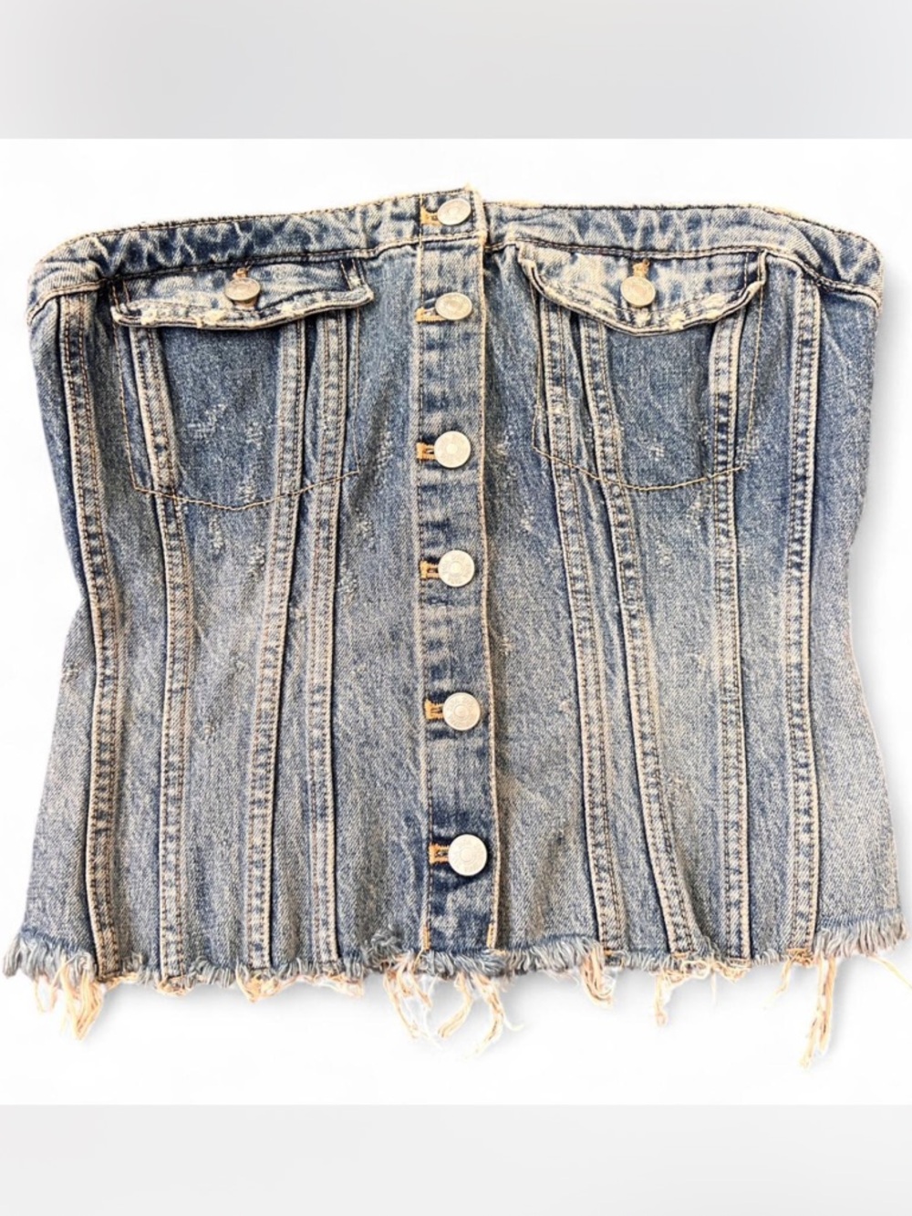 ZARA TRF Denim Corset Top Strapless Button Front Distressed Blue Large